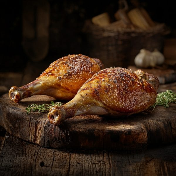 Two succulent roasted guinea fowl legs seasoned and served with thyme on a rustic wooden board.