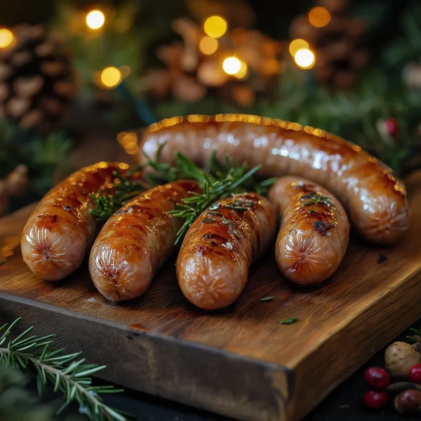 Juicy Cumberland sausages, browned to perfection, ideal for Christmas morning breakfast or festive appetizers