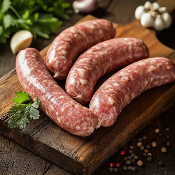 Raw Cumberland pork sausages on a rustic wooden board, gluten-free and spiced with black pepper and herbs, ready for cooking
